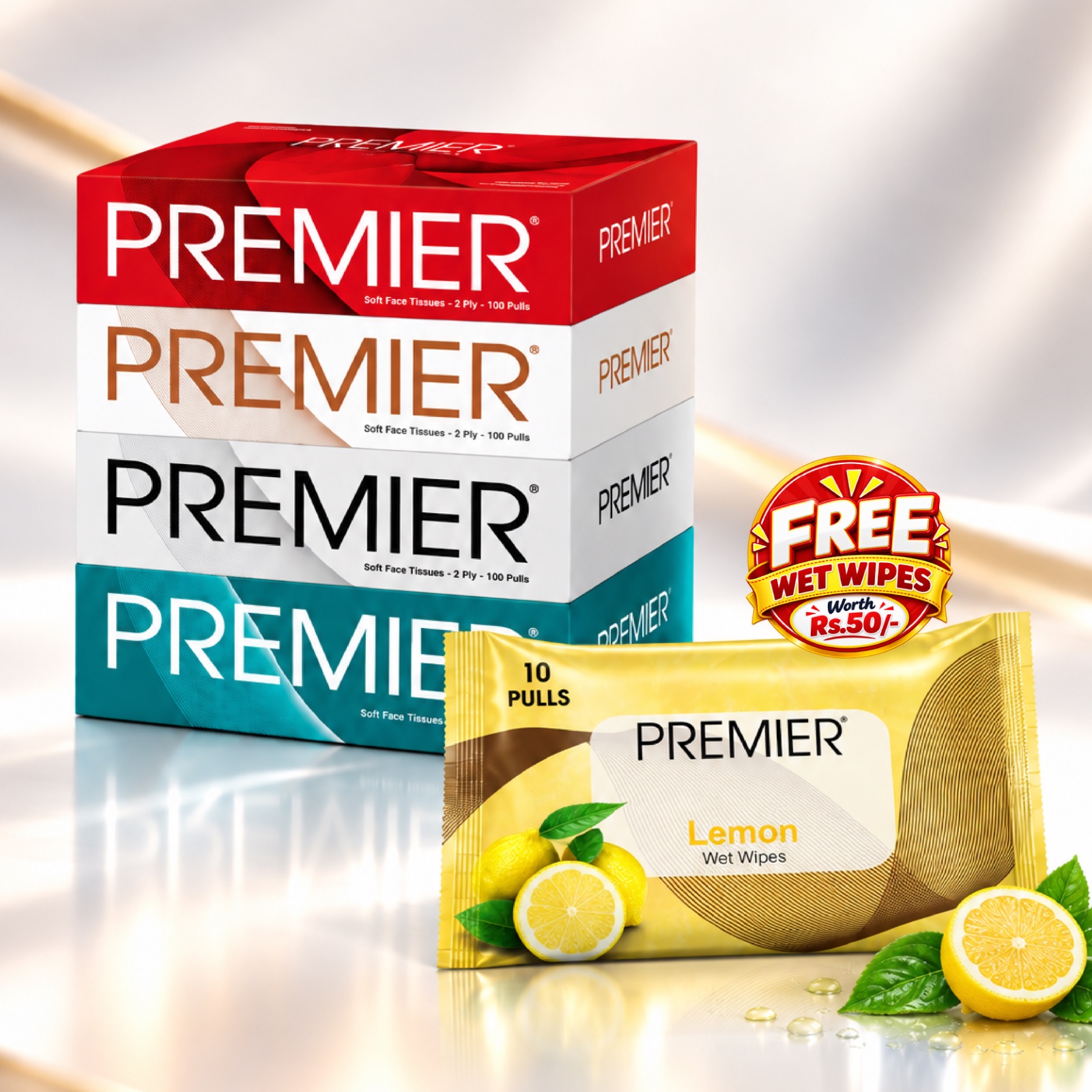 Premier Face Tissue Box 100 Pulls 4x1 – Pack of 1 with Free Wet Wipes Assorted