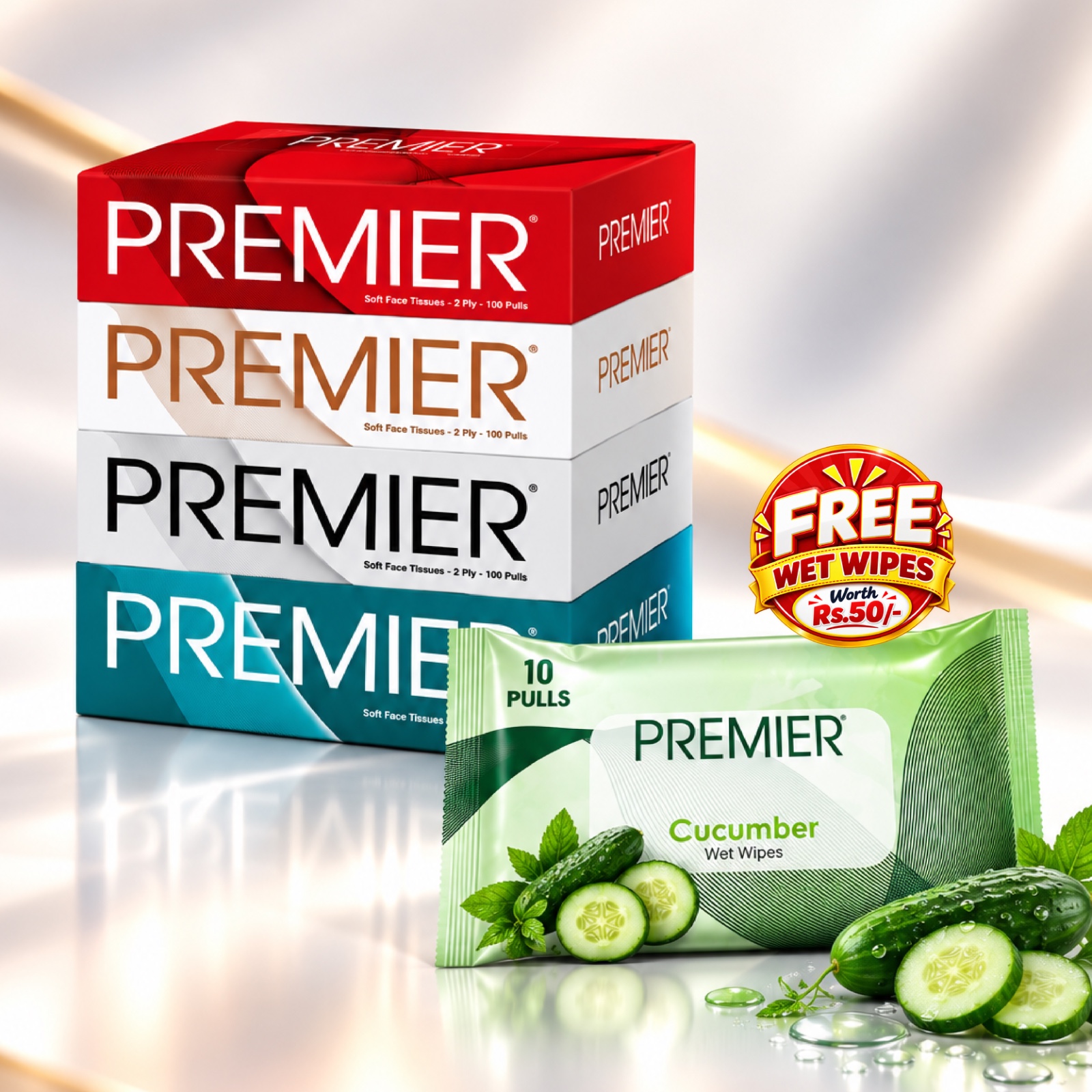 Premier Face Tissue Box 100 Pulls 4x1 – Pack of 1 with Free Wet Wipes Assorted