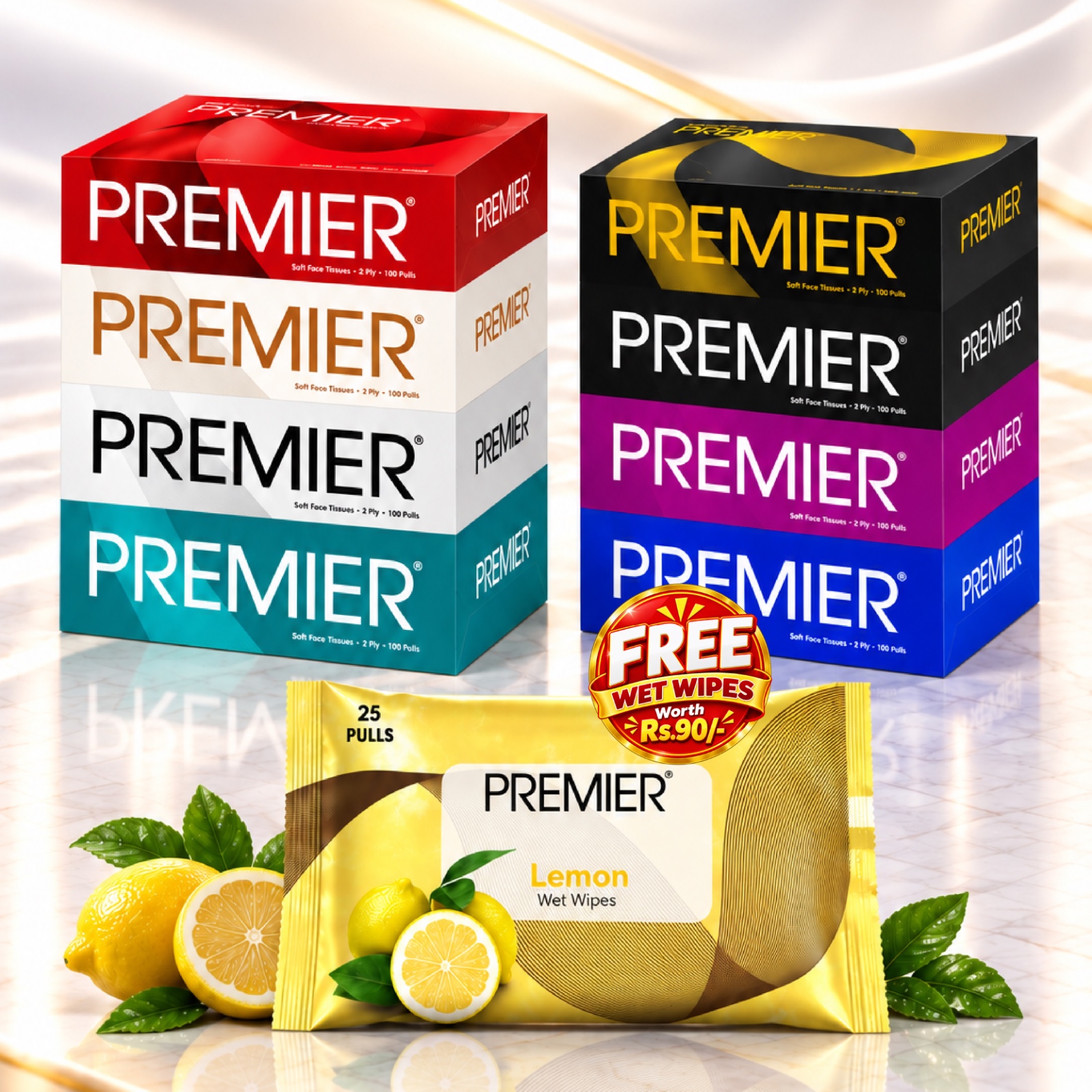 Premier Face Tissue Box 100 Pulls 4x1-Pack of 2 with Free Wet Wipes Assorted
