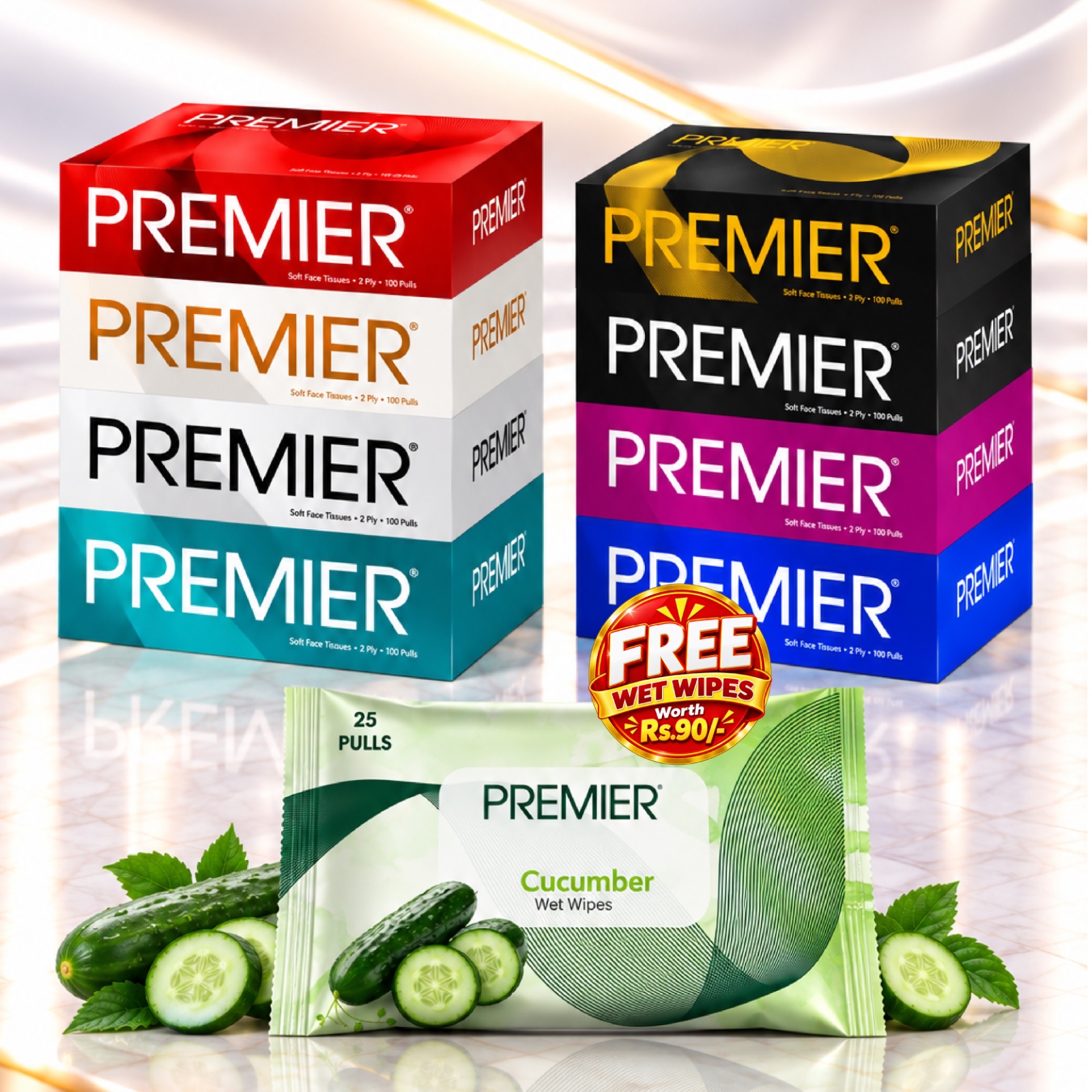 Premier Face Tissue Box 100 Pulls 4x1-Pack of 2 with Free Wet Wipes Assorted